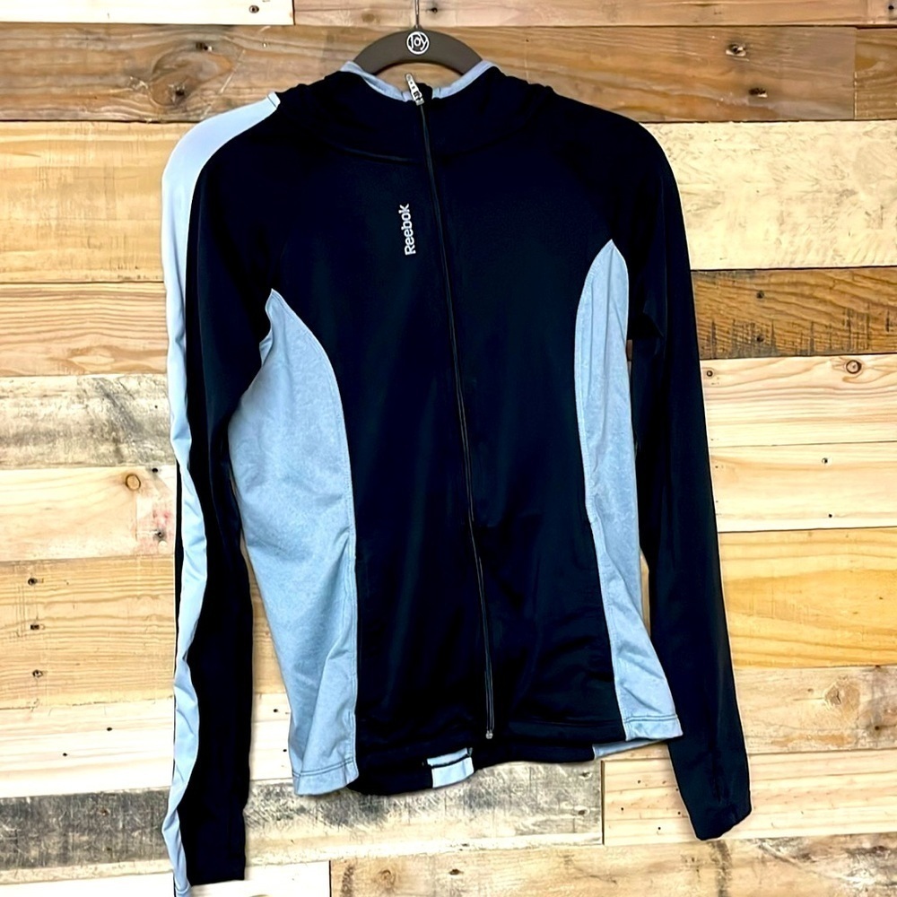 Reebok size small black and gray zip up athletic hoodie with thumb holes